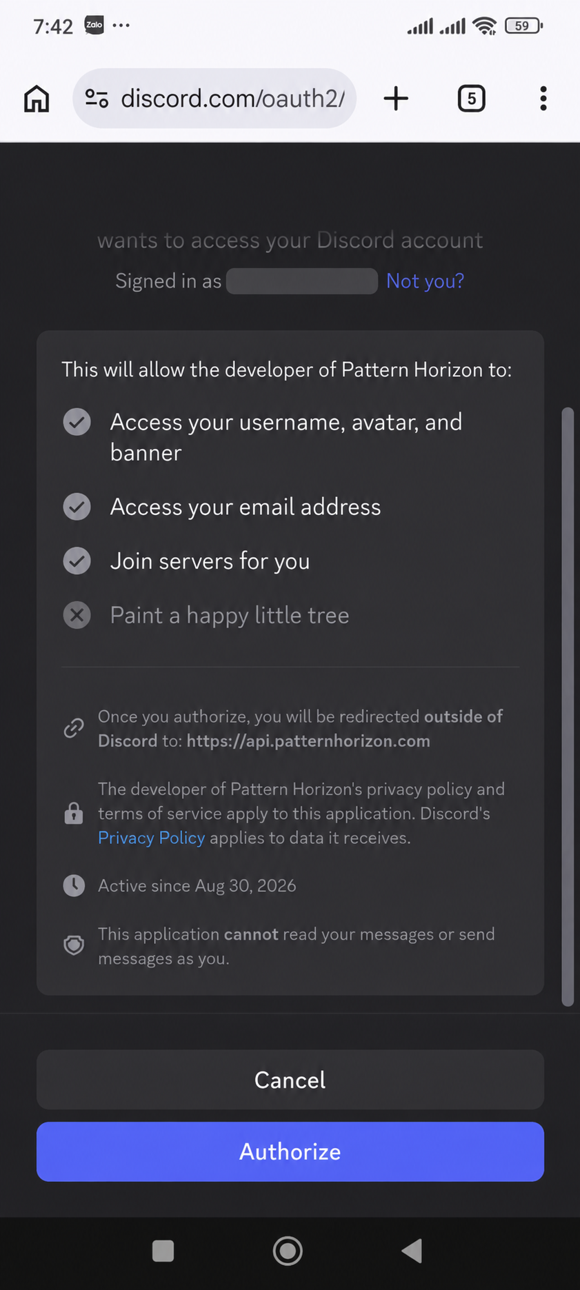 アカウントのユーザー名が隠された、Pattern HorizonのDiscord認可画面