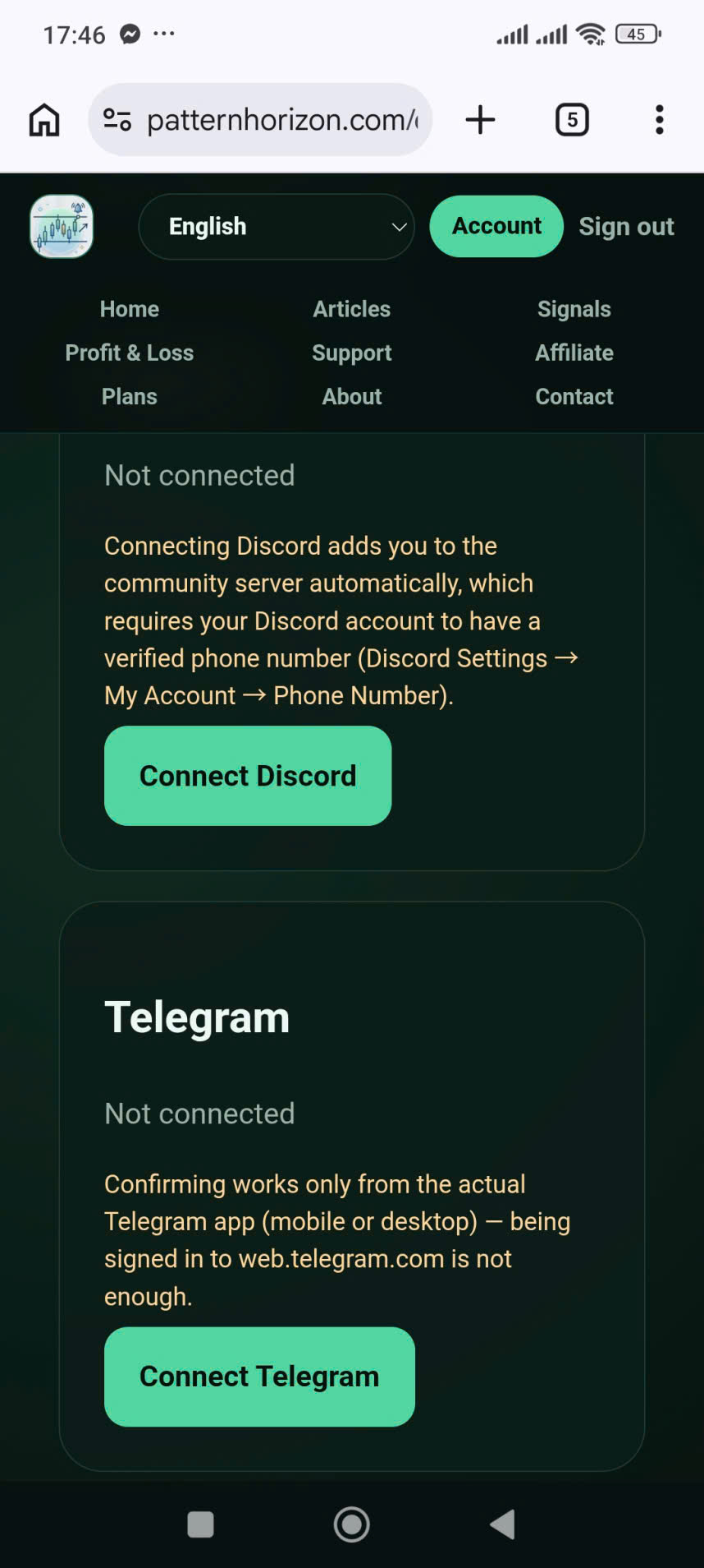 アプリの要件と「Telegramに接続」ボタンが表示されたPattern HorizonのTelegramカード
