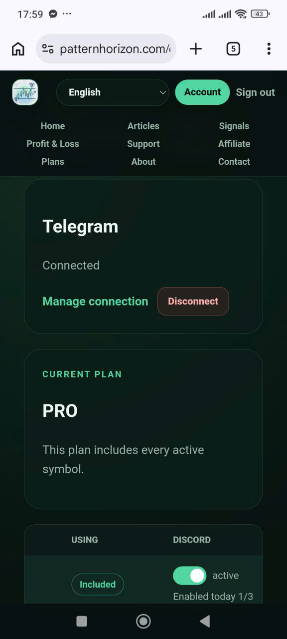 管理および切断コントロールとともに「接続済み」と表示されているPattern HorizonのTelegramカード
