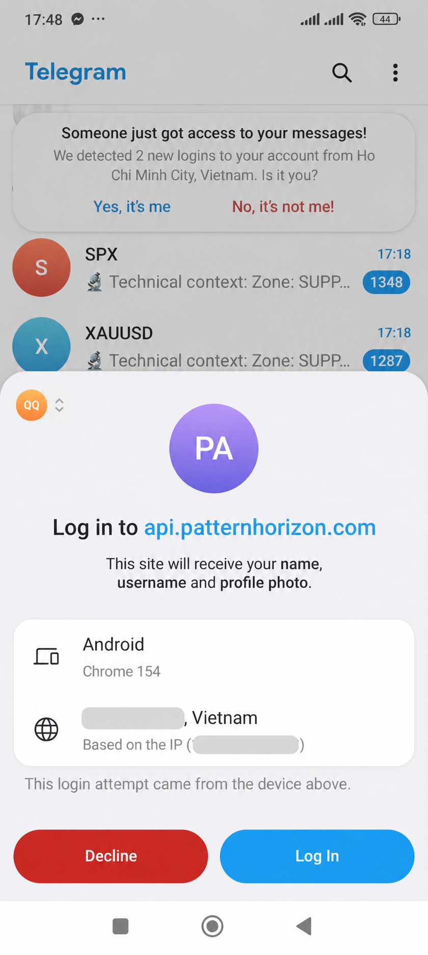 IPアドレスと位置情報の詳細が黒塗りされた、api.patternhorizon.comのTelegramログイン承認画面