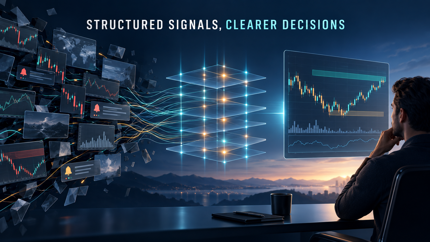 Scattered market information becoming structured signals for a trader to review