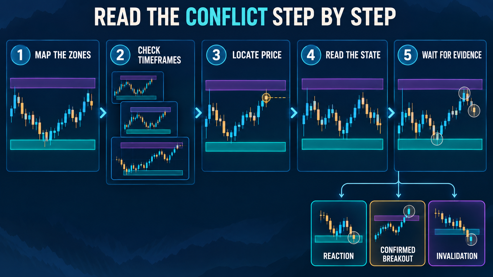 English five-step diagram for mapping zones, checking timeframes, locating price, reading state, and awaiting evidence